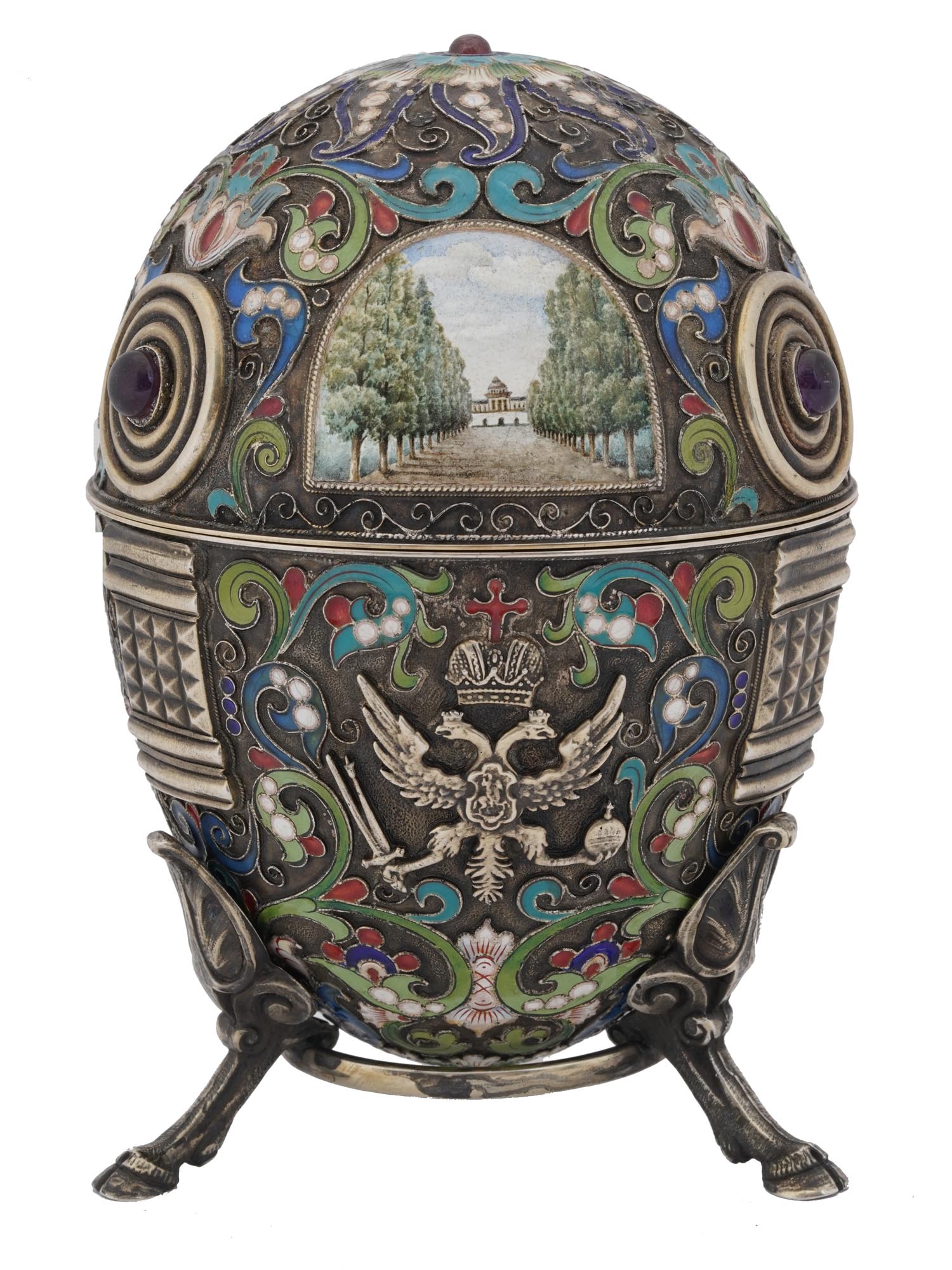 EXTRA LARGE RUSSIAN SILVER ENAMEL EGG WITH STAND PIC-4